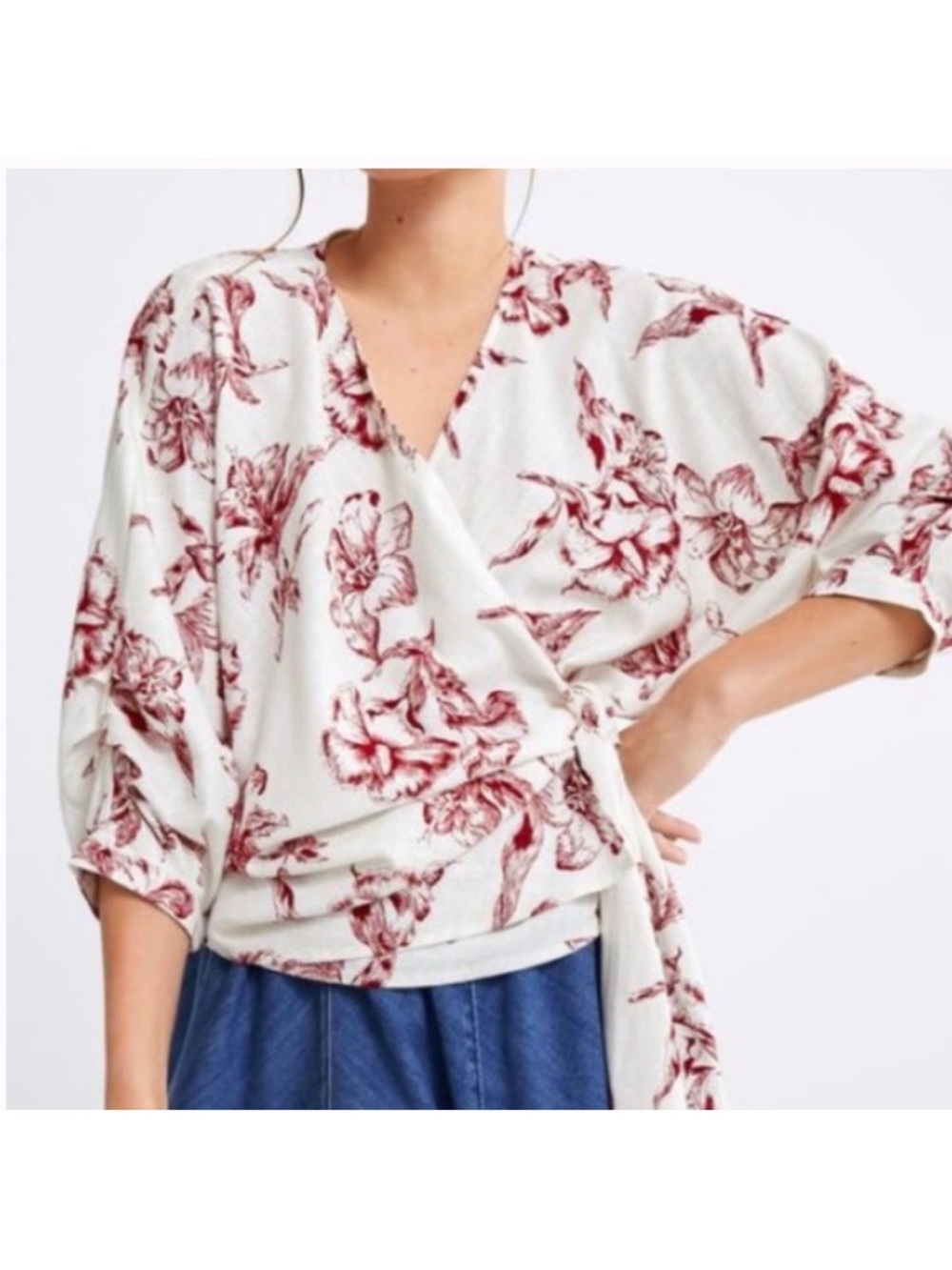Zara linen blend floral Wrap Blouse in Ivory & Burgundy XS